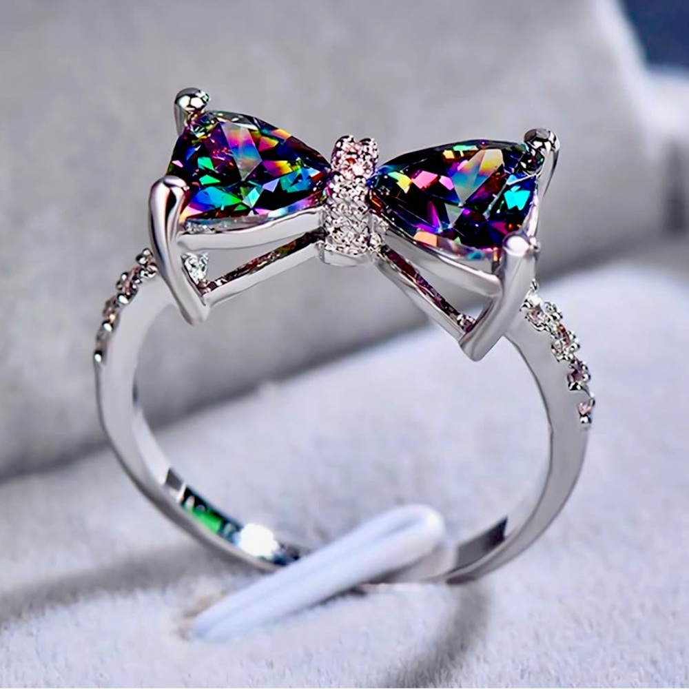 Cubic Zirconia 925 Sterling Silver Plated Butterfly Bow Crystal Ring - Picture 4 of 4